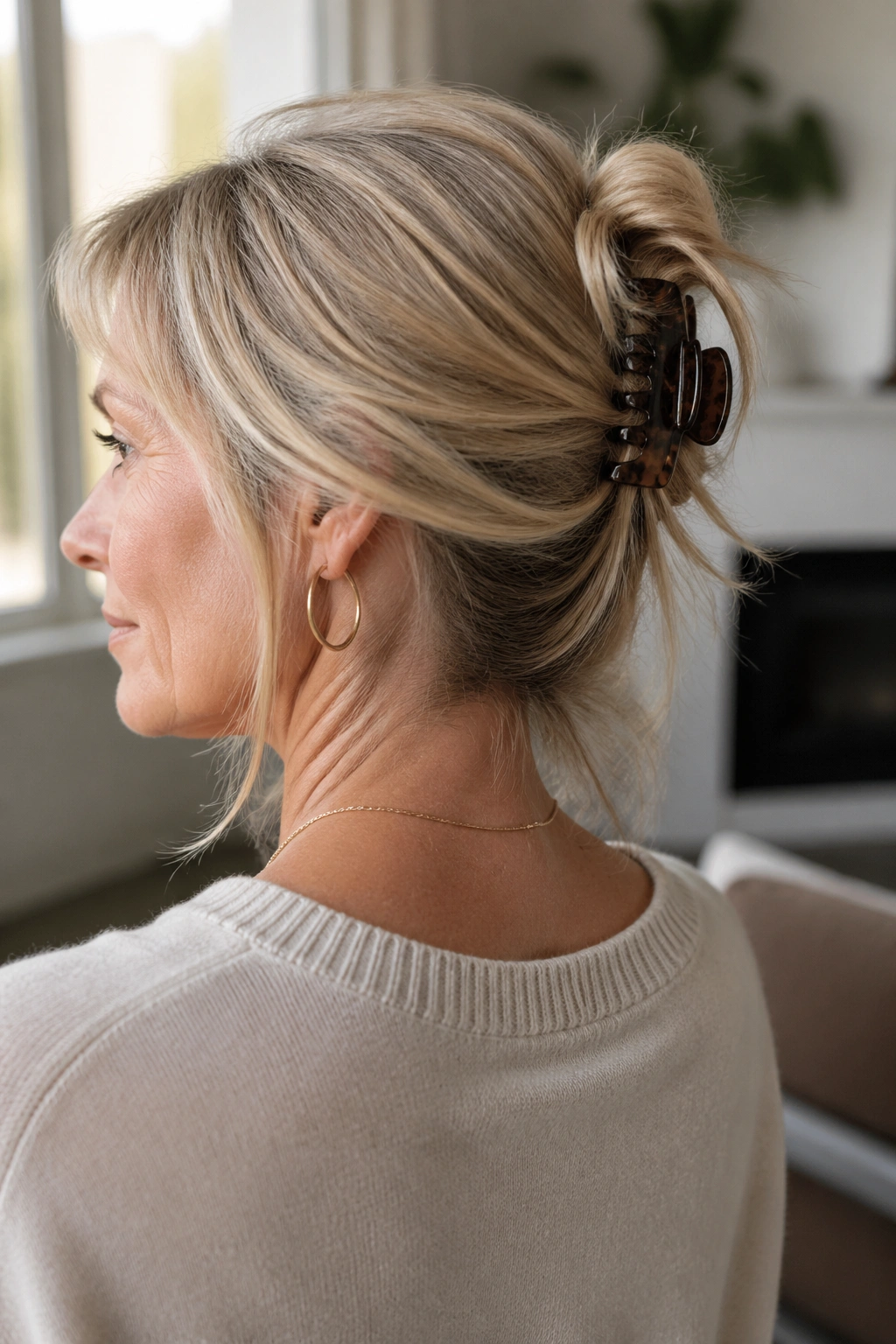 Close-up portrait of a real woman with a twisted updo secured by a claw clip