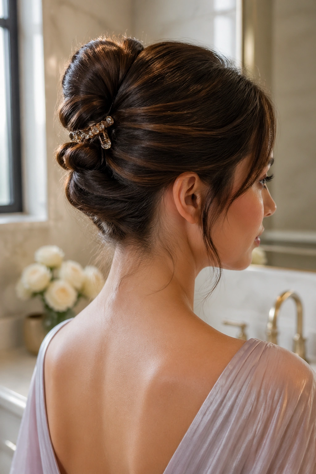 Close-up of a real woman with a claw-clip-inspired twist and pins in a softly lit bathroom