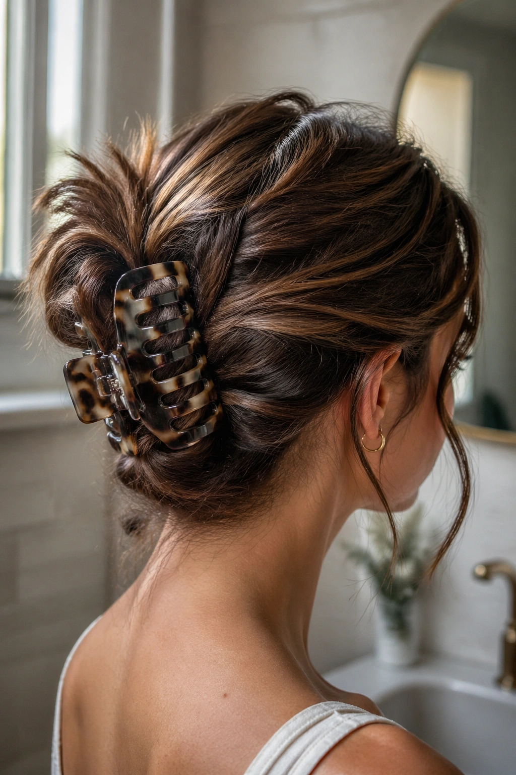 Close-up of a real woman with a claw-clip twist on day-two thick wavy hair in a bathroom.