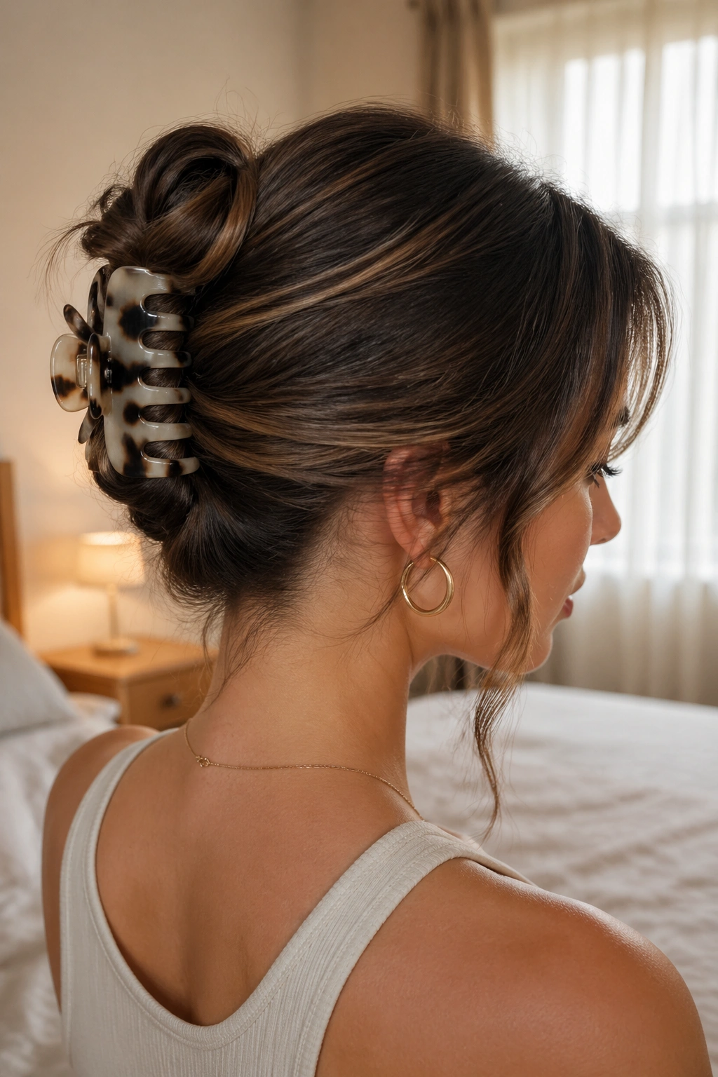 Close-up of a real woman with a claw-clip rolled updo on medium-length hair