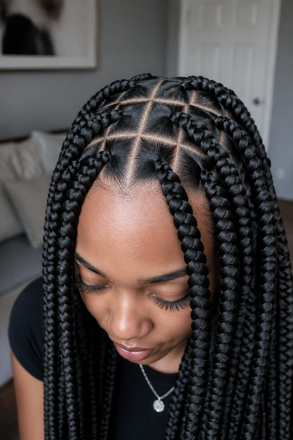 Real woman with clean grid jumbo knotless braids and sharp parts
