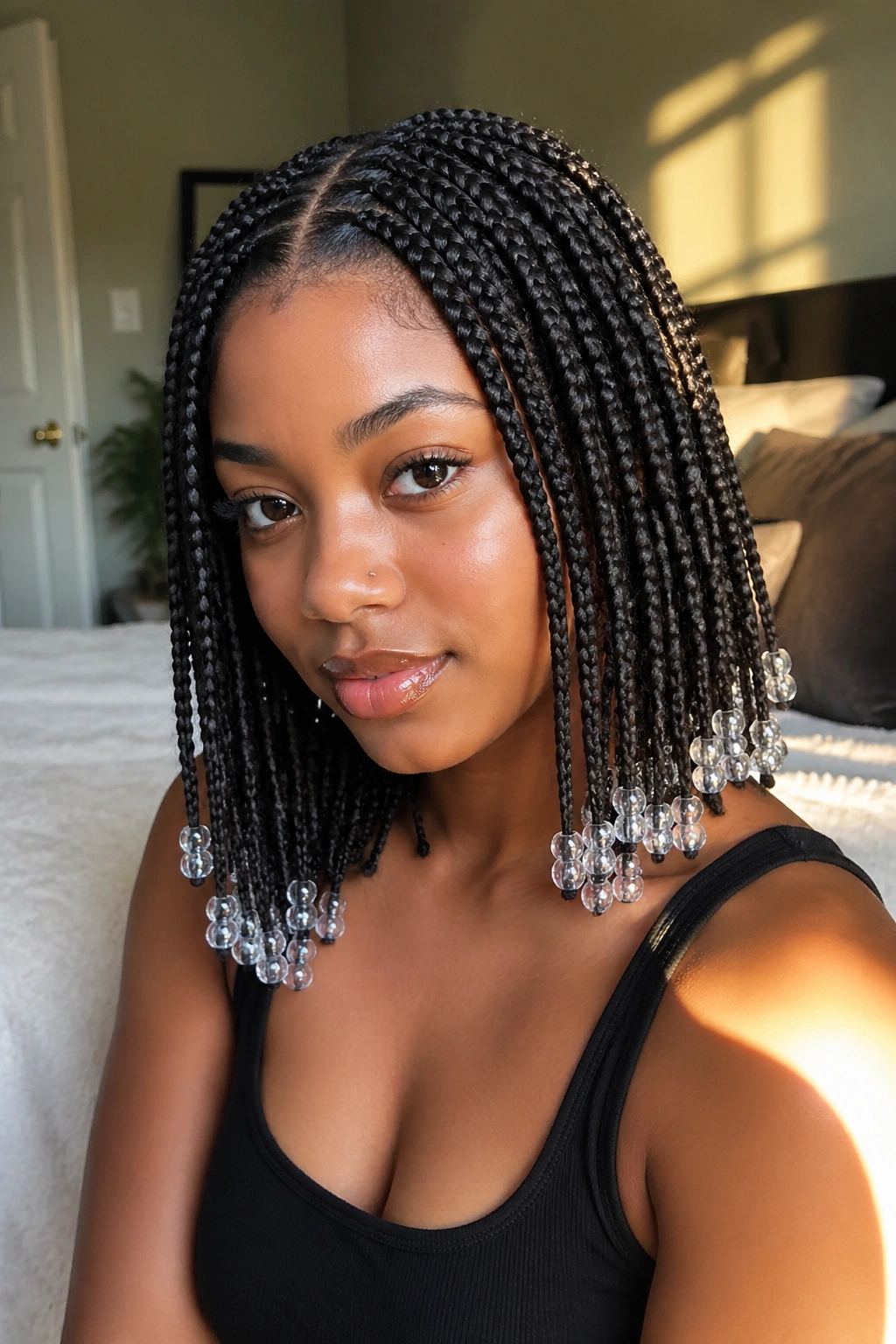 Close-up of a real woman's knotless braids with clear beads in a centered part