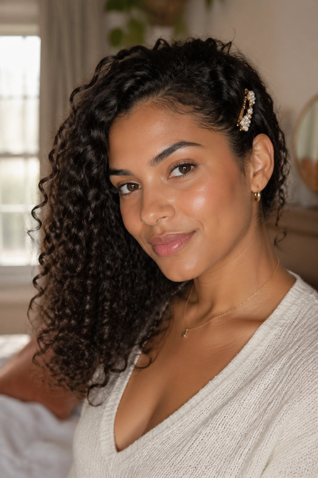 Close-up of a real woman wearing a side-swept clipback with curly texture