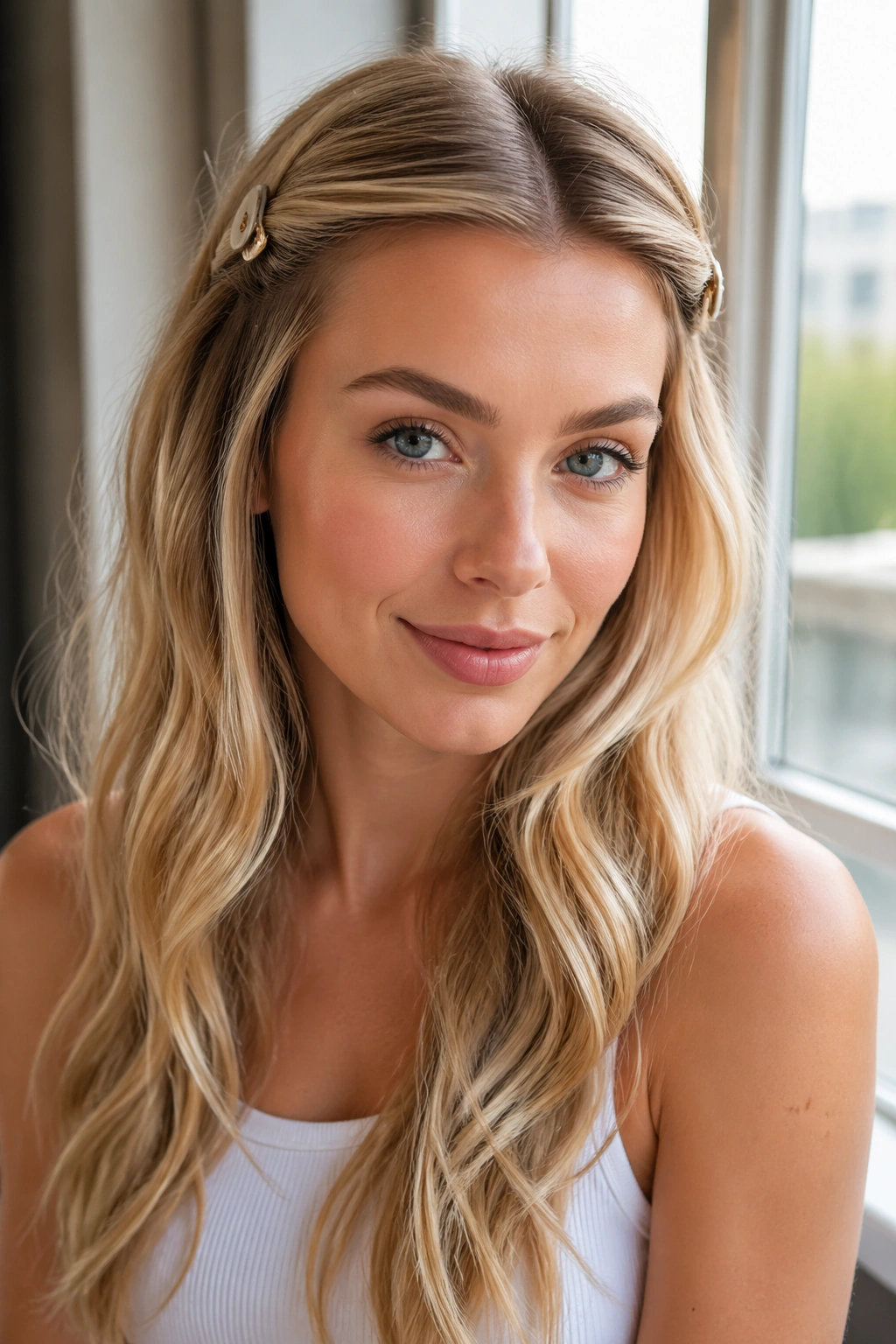 Close-up of a real woman with front sections clipped back in long blonde hair