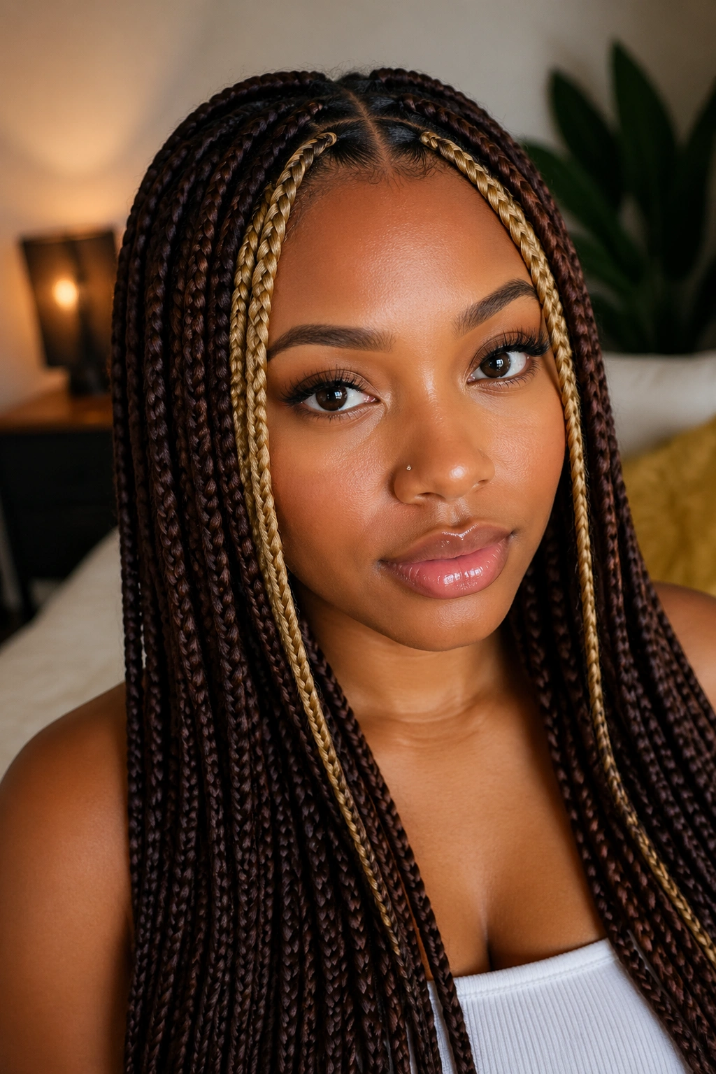 Real woman with cocoa brown braids and blonde money pieces
