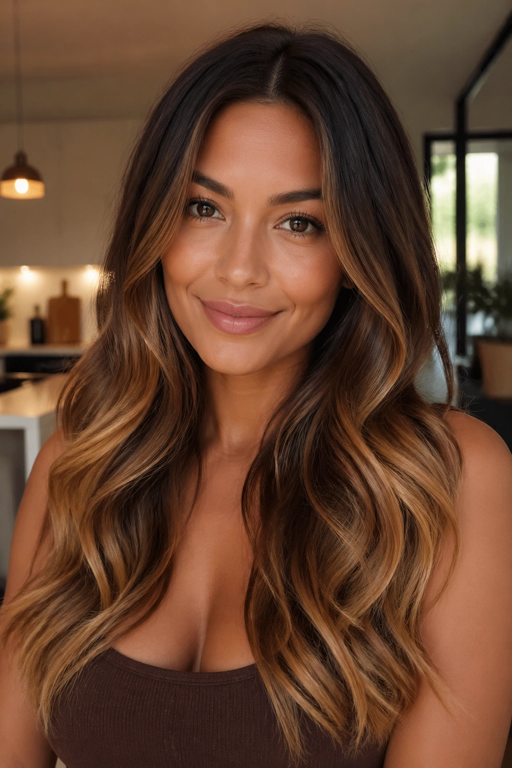 Close-up of a real woman with cocoa brown hair and honey ends