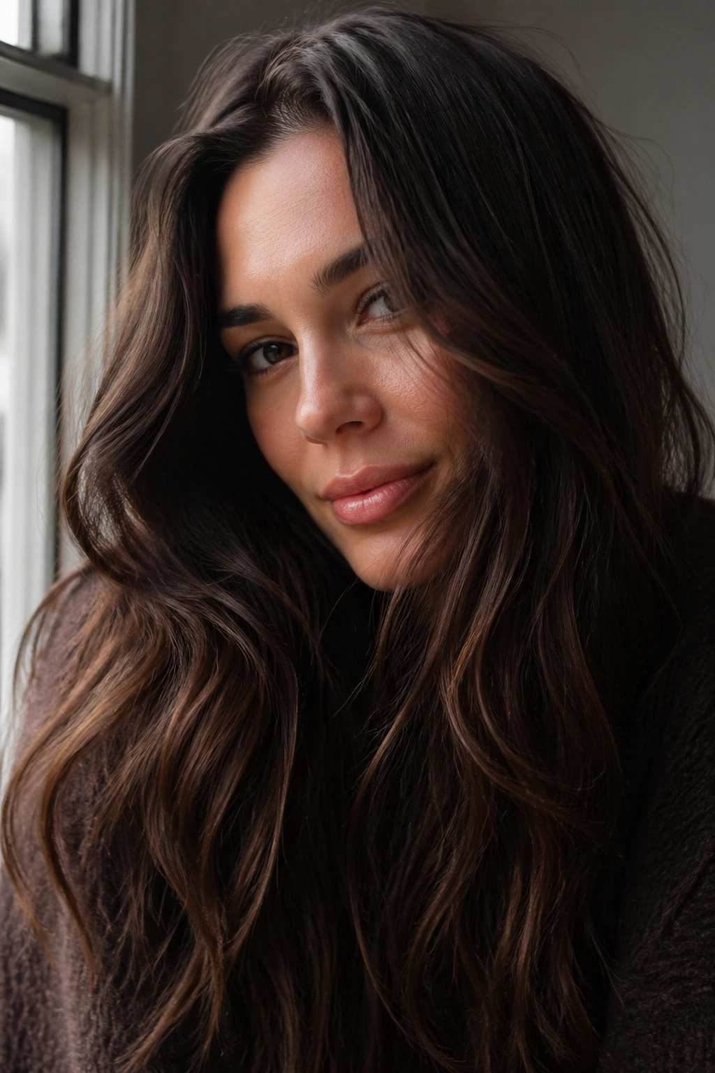 Close-up of cocoa espresso hair showing deep brown with warm cocoa undertones