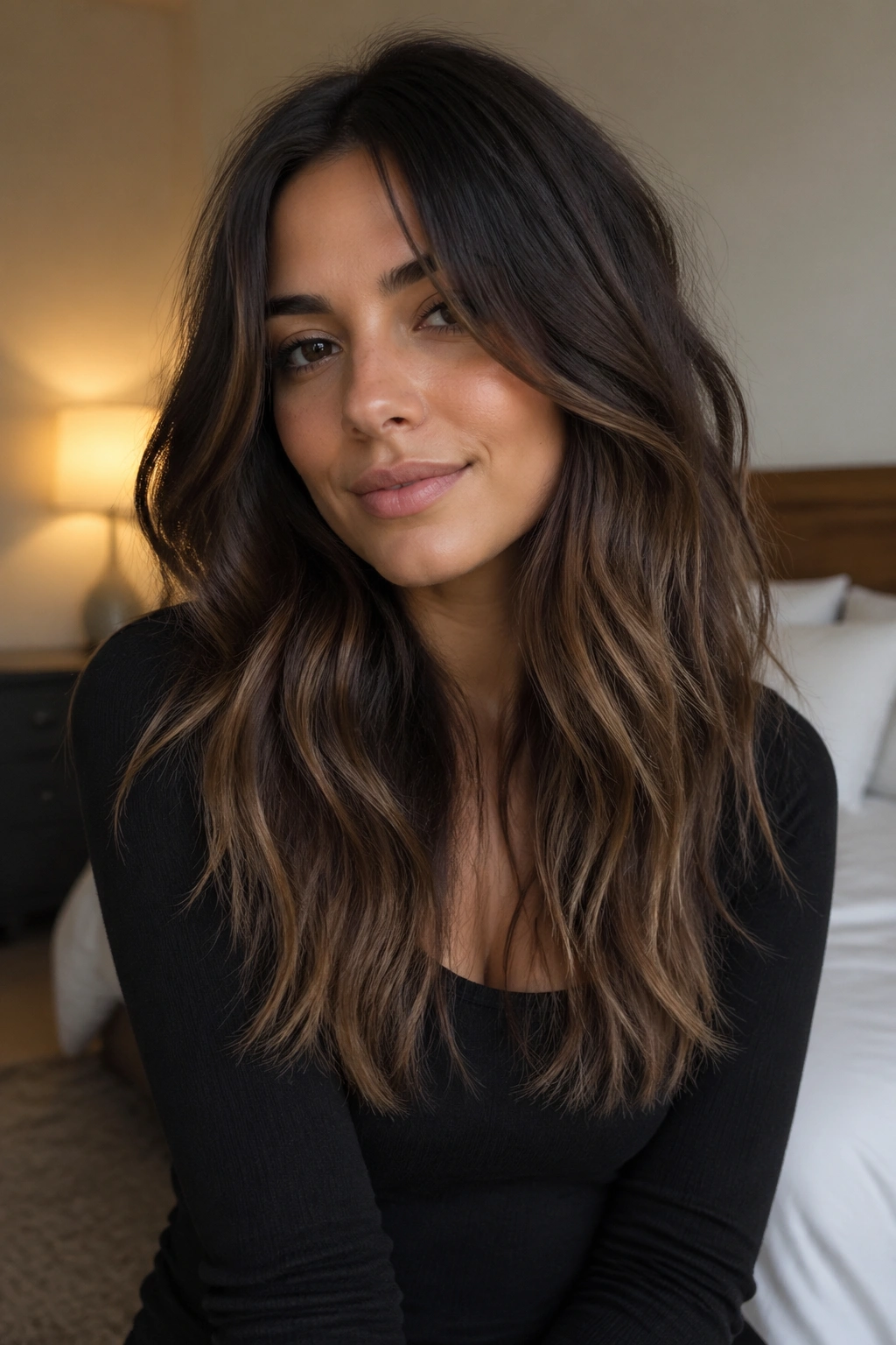 Close-up of a real woman with cocoa melt balayage and wispy ends
