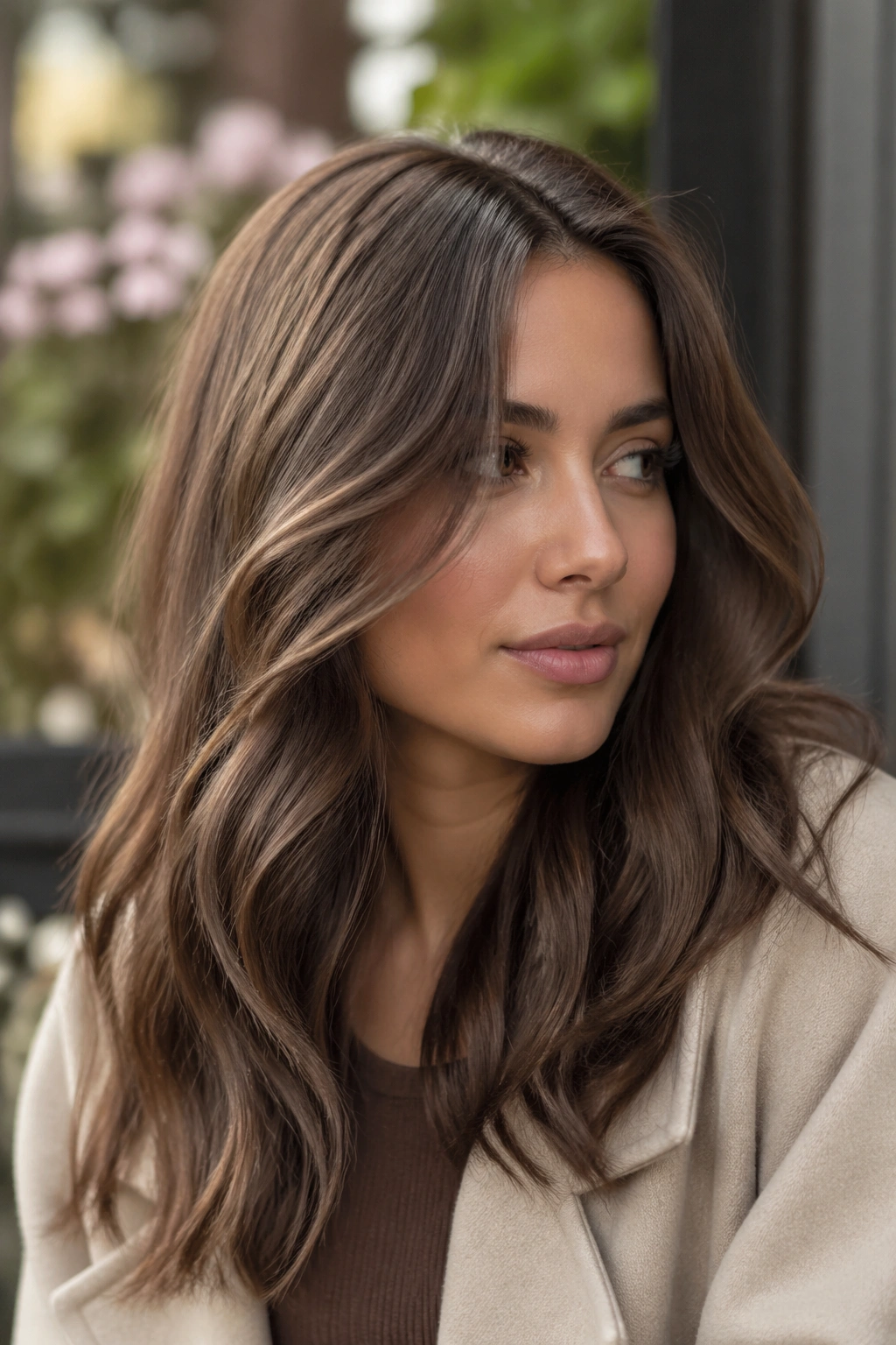 Portrait of Cocoa Mist Brown hair with smoky depth and translucent surface.