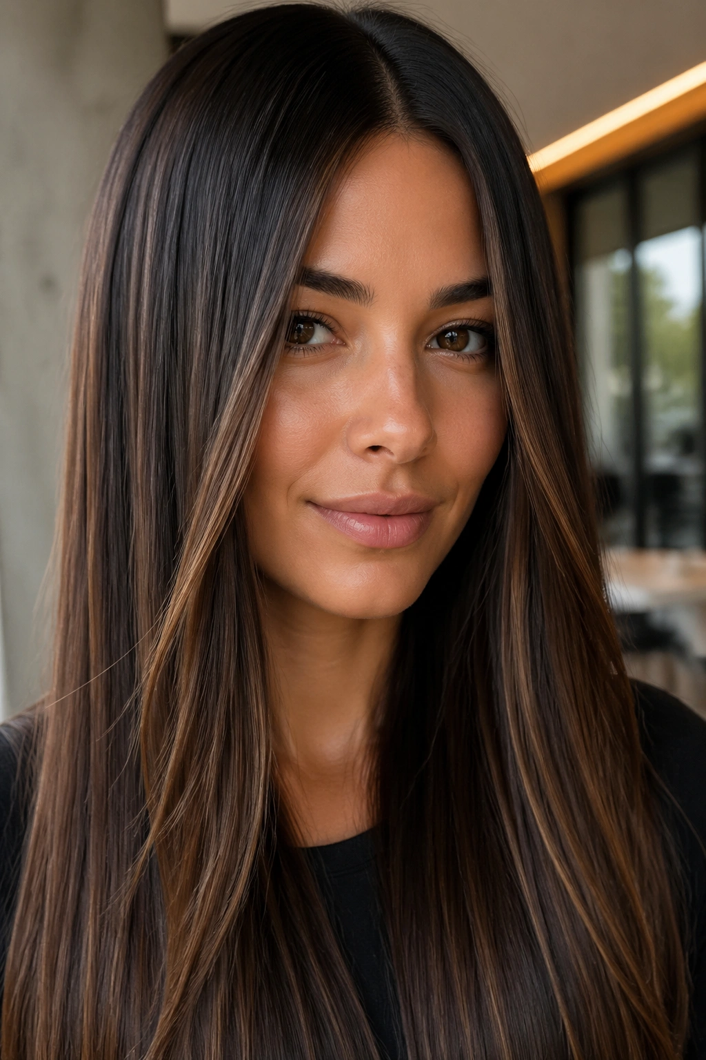 Portrait of a woman with coffee bean balayage on sleek straight hair, center part and glossy finish.