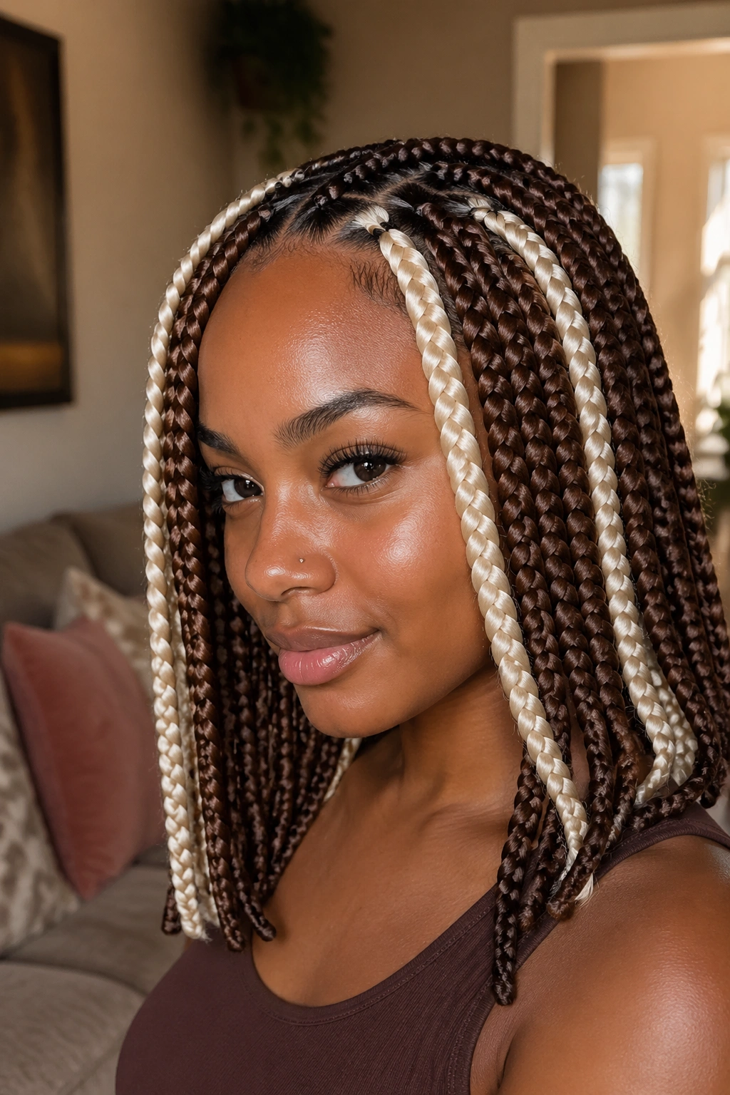 Close-up portrait of a real woman with coffee-and-cream jumbo knotless braids filling the frame in a warm living room