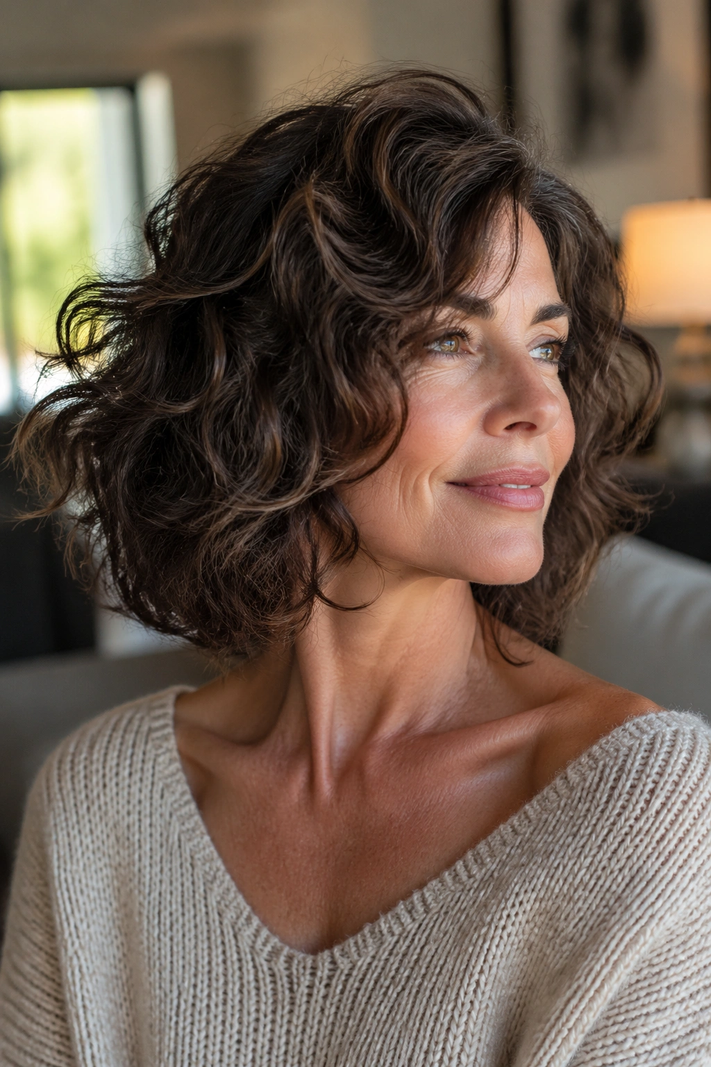 Close-up portrait of an older woman with a collarbone-length curly bob in warm window light
