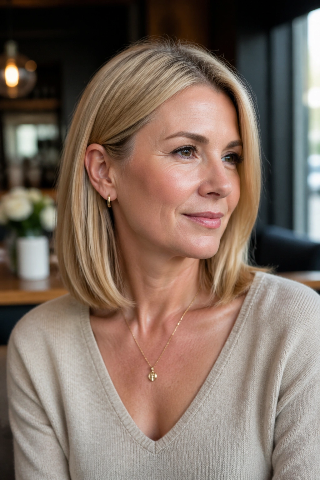 Real woman with polished collarbone cut in soft champagne blonde.