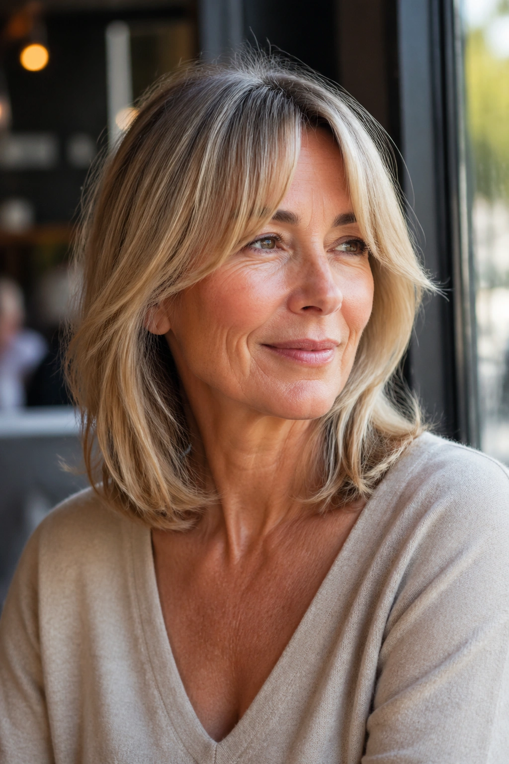 Close-up portrait of a real woman with a collarbone cut and curtain bangs