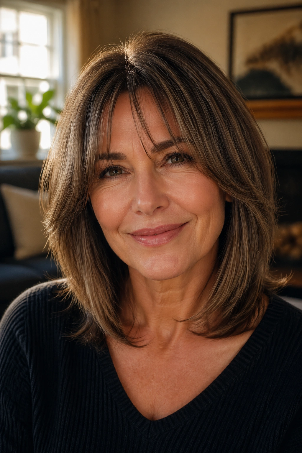 Close-up portrait of a real woman with collarbone-length hair and curtain bangs in warm window light