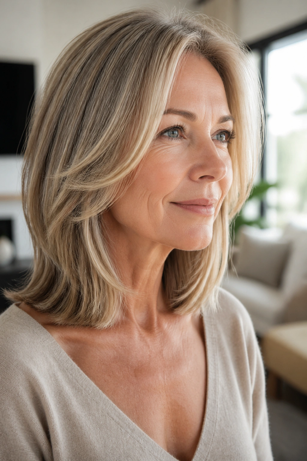 Close-up of a mature woman's collarbone-length haircut with face-framing layers
