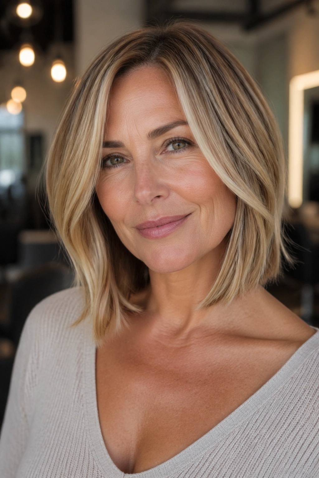 Close-up of a real woman with collarbone-length cut and face-framing highlights