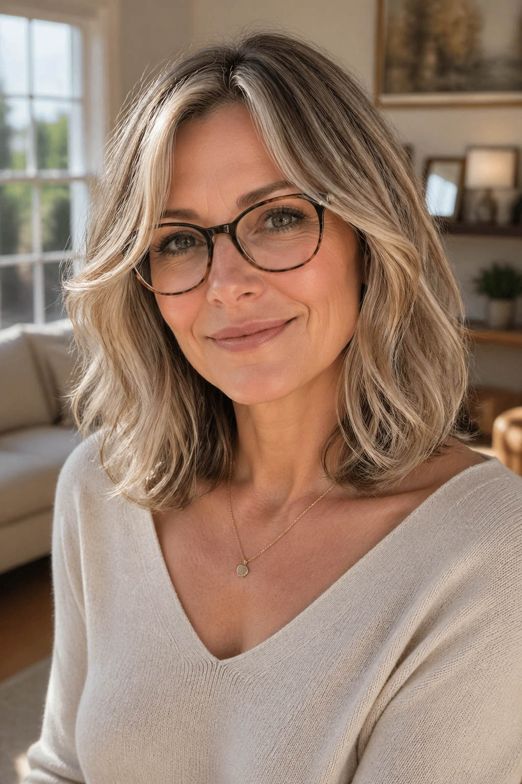 Real woman with collarbone-length cut and face-framing layers, wearing glasses in a sunlit living room.