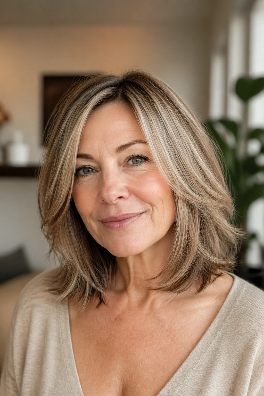 Close-up of a real woman with collarbone-length cut and razored layers in soft daylight