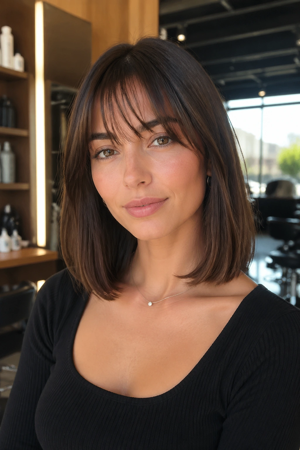 Close-up portrait of a woman with collarbone-length hair and wispy bangs in a sunlit salon.