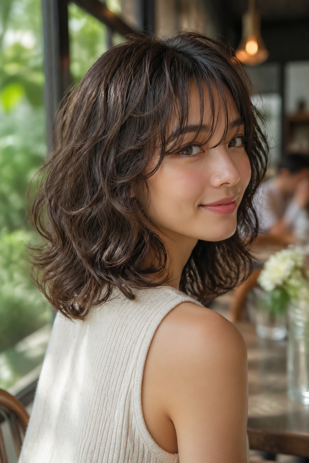 Close-up of a real woman with collarbone-length layered curls, soft lighting