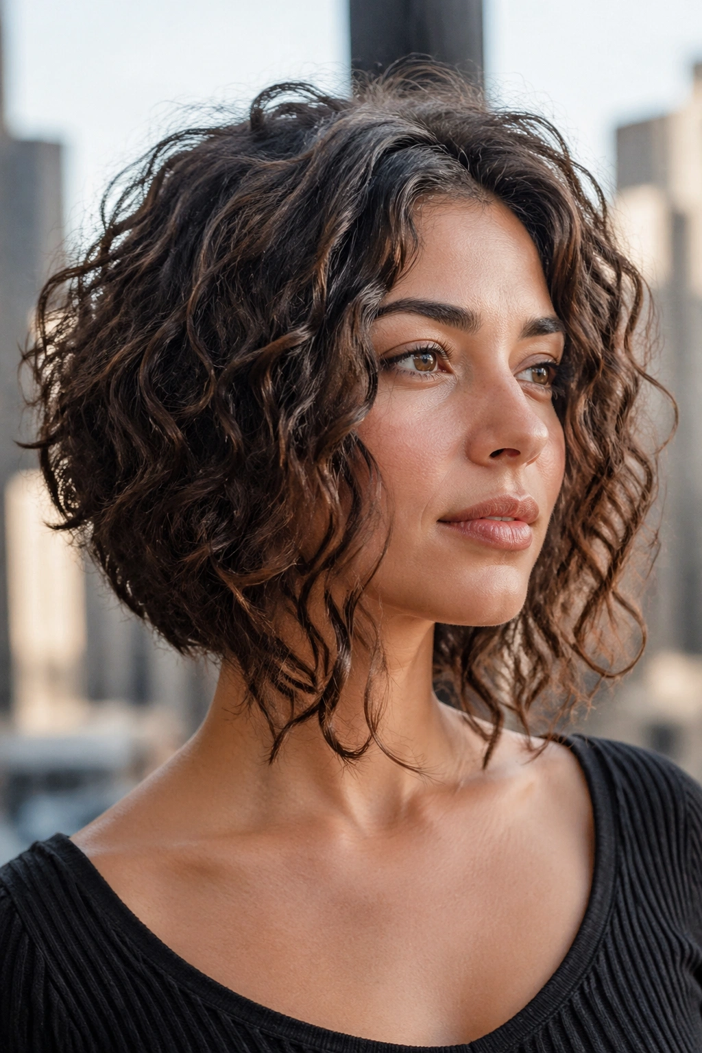 Close-up portrait of a real woman with collarbone-length inverted lob curls.