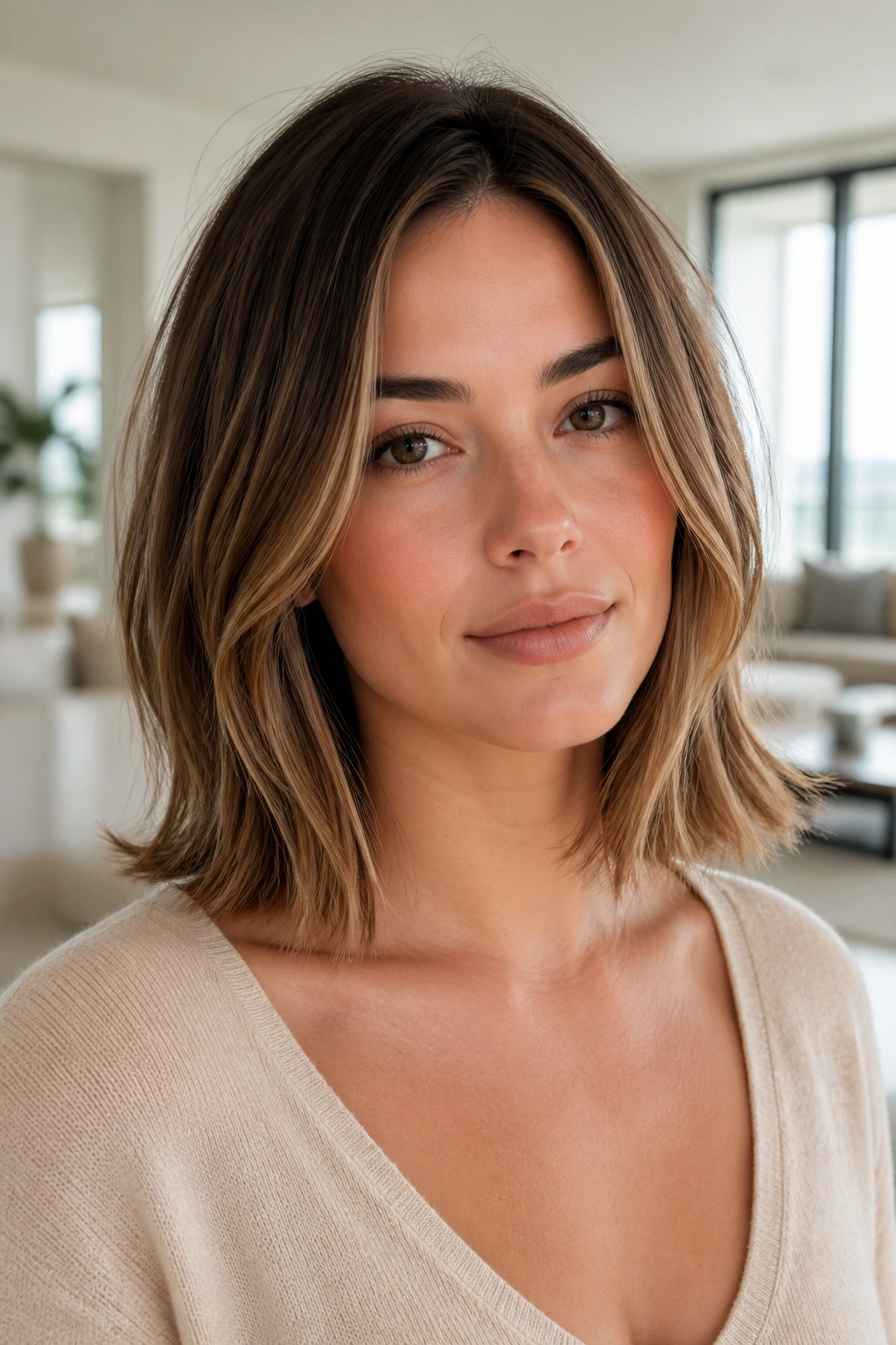 Portrait of a person with a collarbone-length lob hairstyle in a bright living room