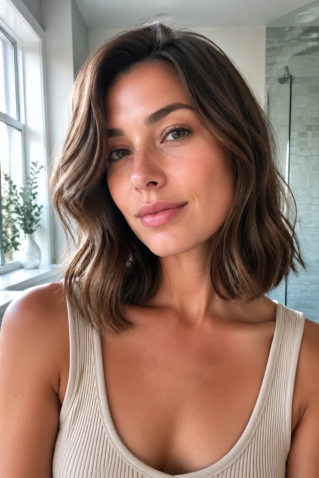 Close-up portrait of a real woman with collarbone-length lob and a loose bend