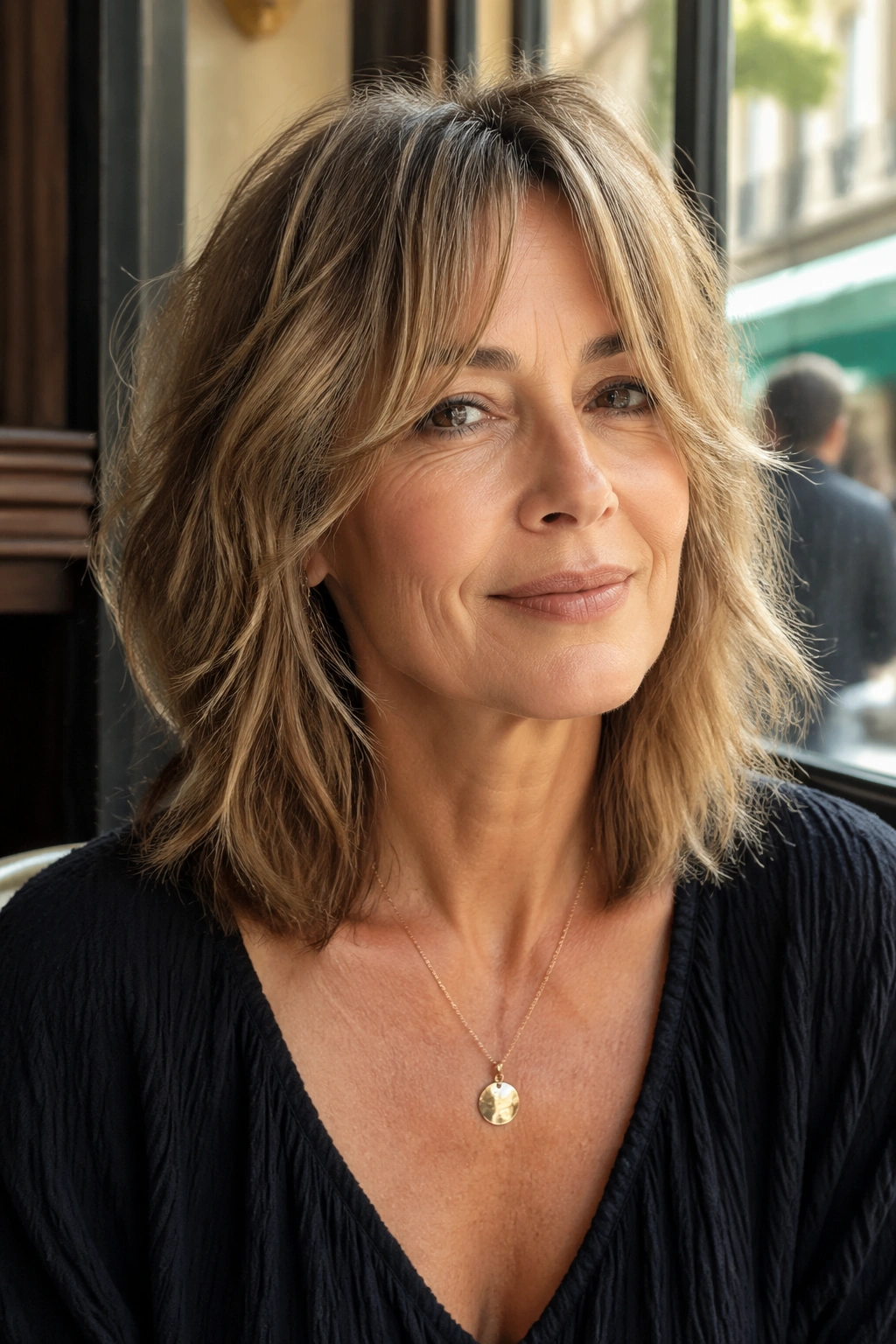 Close-up of a real woman with collarbone-length shag and curtain bangs in sunlit cafe setting