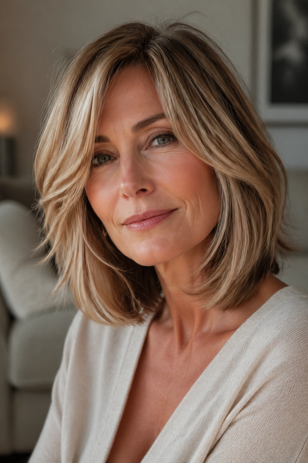 Close-up of a real woman with soft collarbone lob and feathered face-framing layers under natural window light