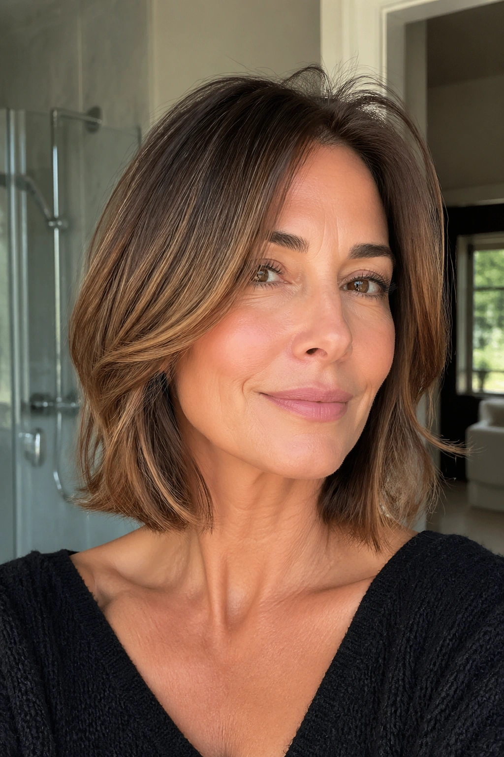 Portrait of a woman with collarbone lob and soft ends in natural light