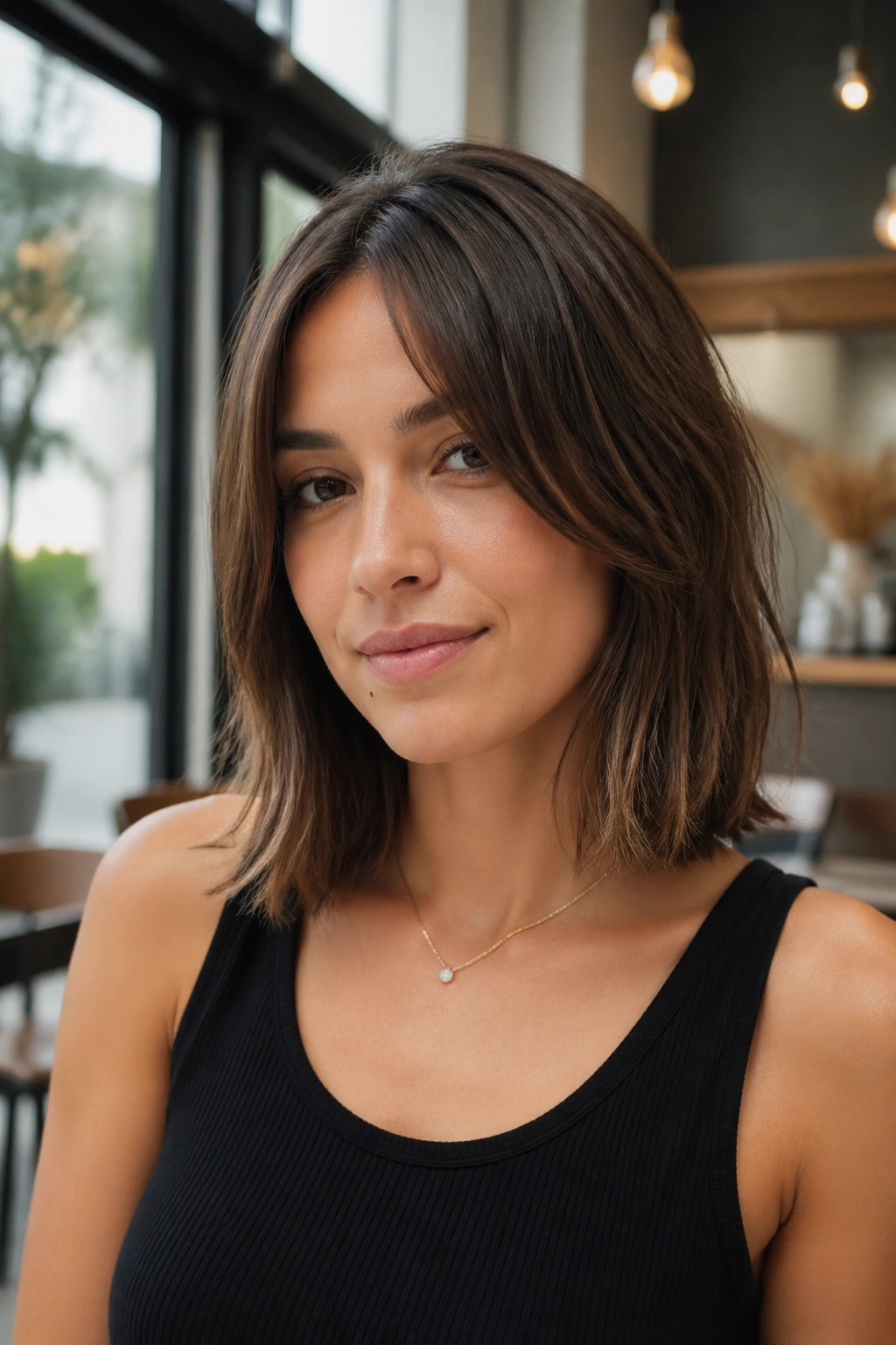 Close-up portrait of a real person with a collarbone-length lob hairstyle.