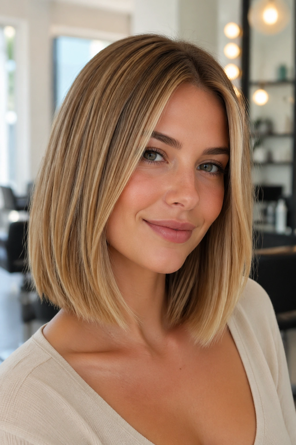 Close-up of a real woman with a blunt collarbone-length lob in satin finish