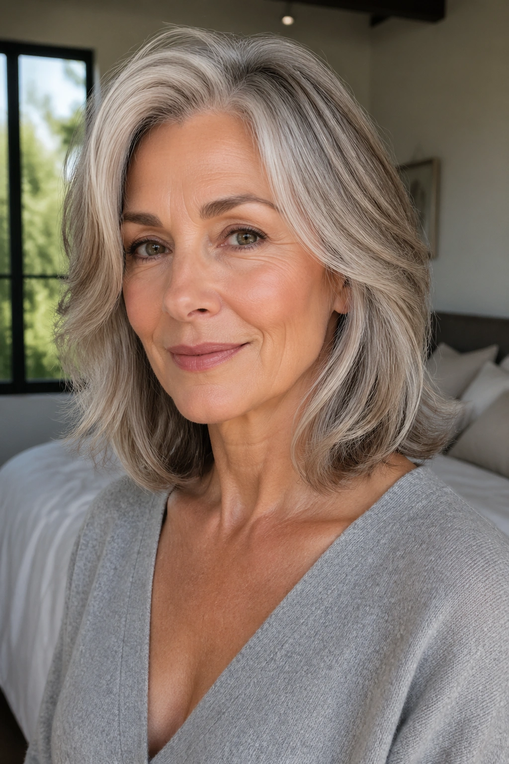 Real woman with collarbone-length lob showing internal layers in natural light