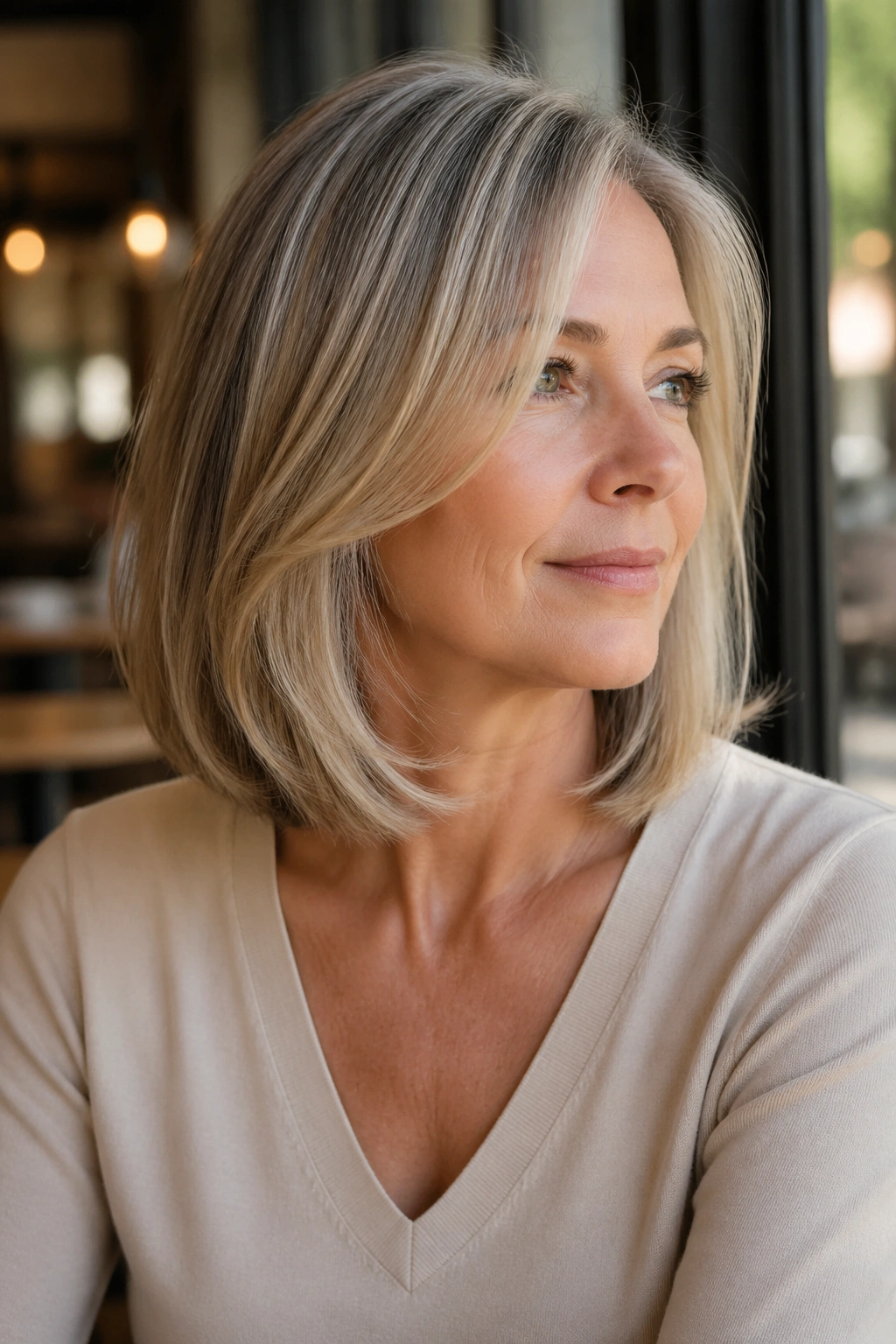 Close-up of a real woman with collarbone-length lob and subtle layers in cafe light