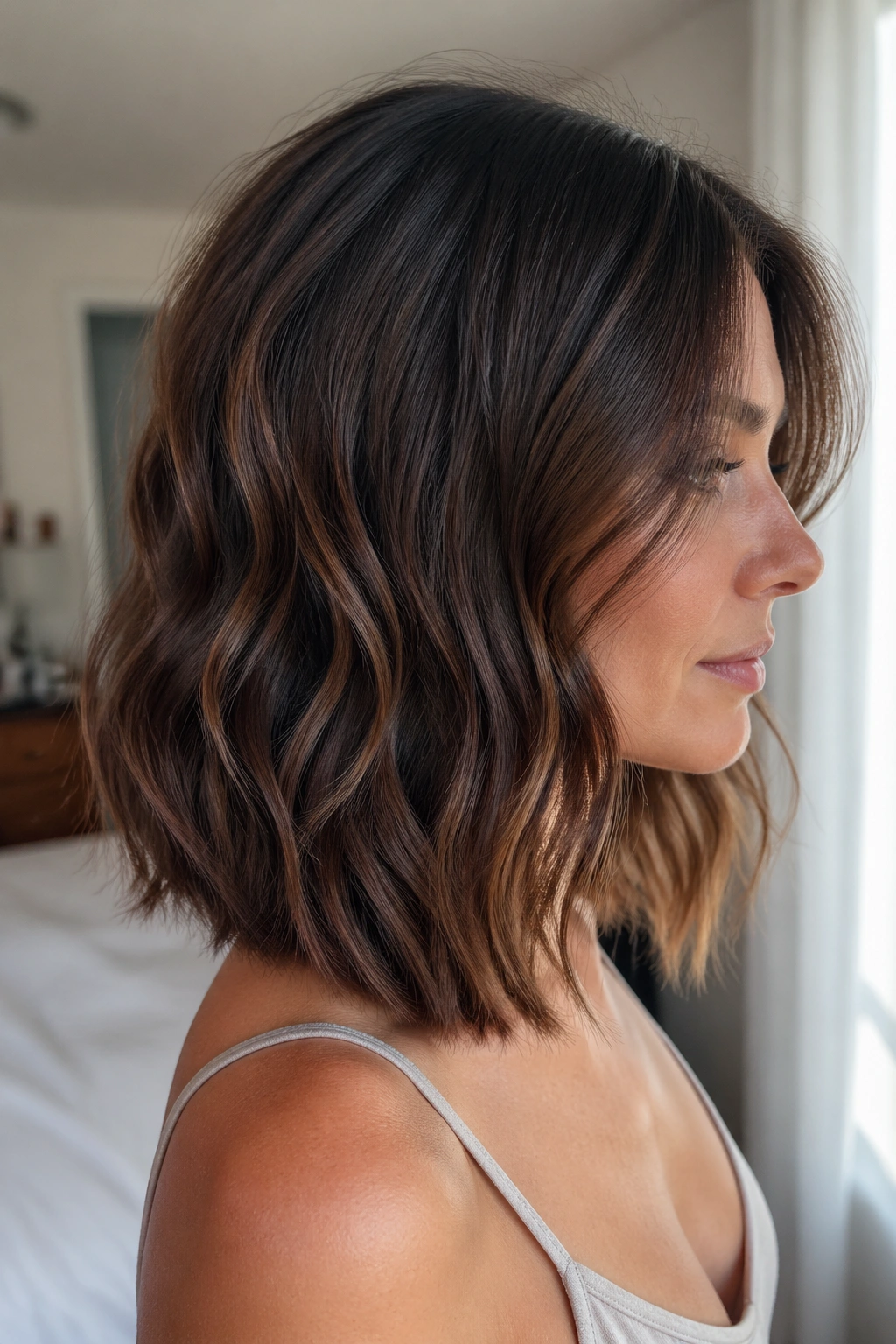 Profile view of a real woman with collarbone-length lob and invisible layers under the top layer