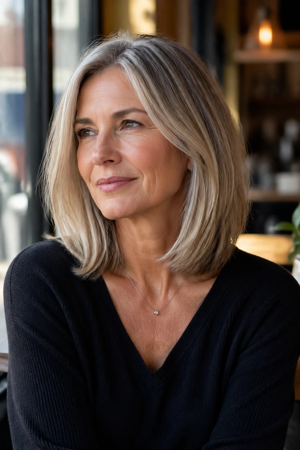 Portrait of a woman with a collarbone-length lob and subtle layers