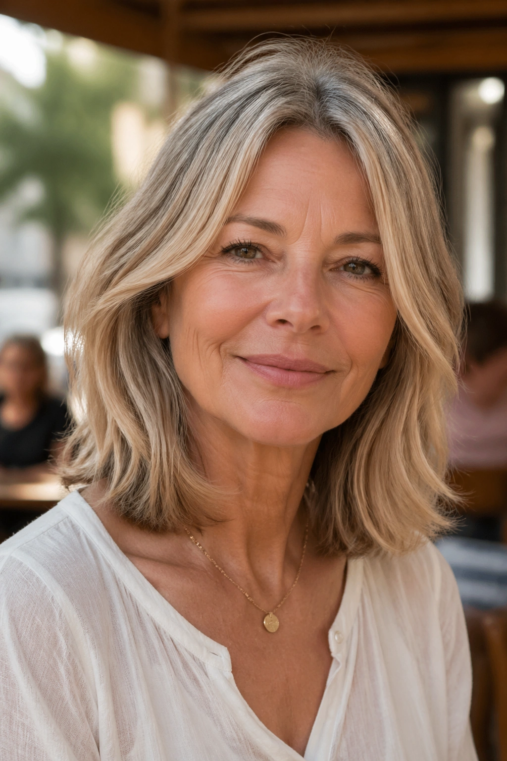 Real woman with collarbone-length lob and loose ends on warm sunny street