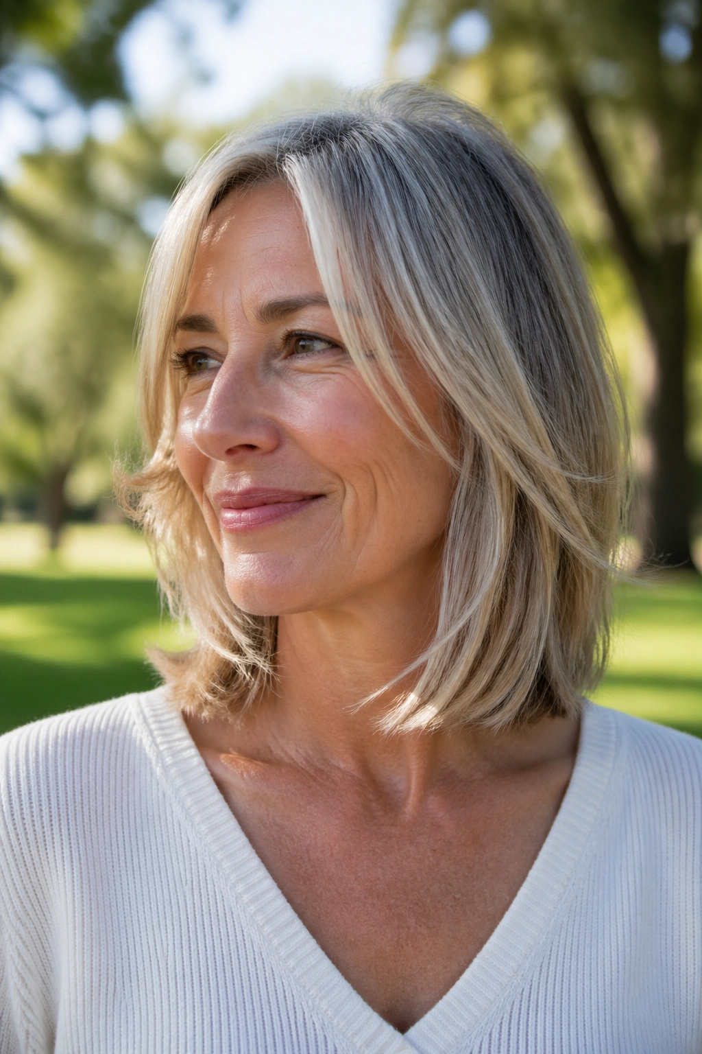 Medium close-up of a real woman wearing a collarbone-length razor lob with gentle ends