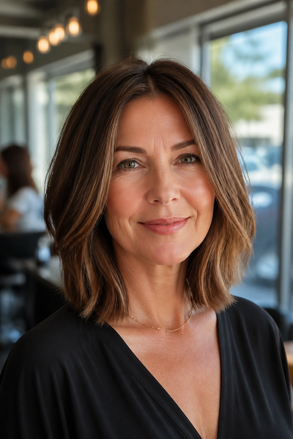 Close-up of a real woman with a collarbone-length lob in warm natural light.
