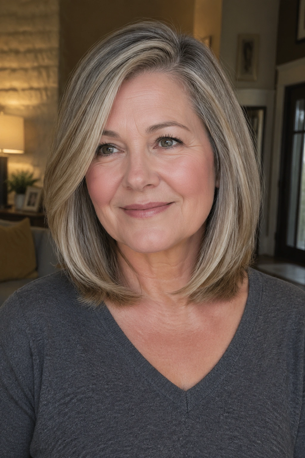 Close-up portrait of a real woman with a side-parted collarbone lob hairstyle for round faces
