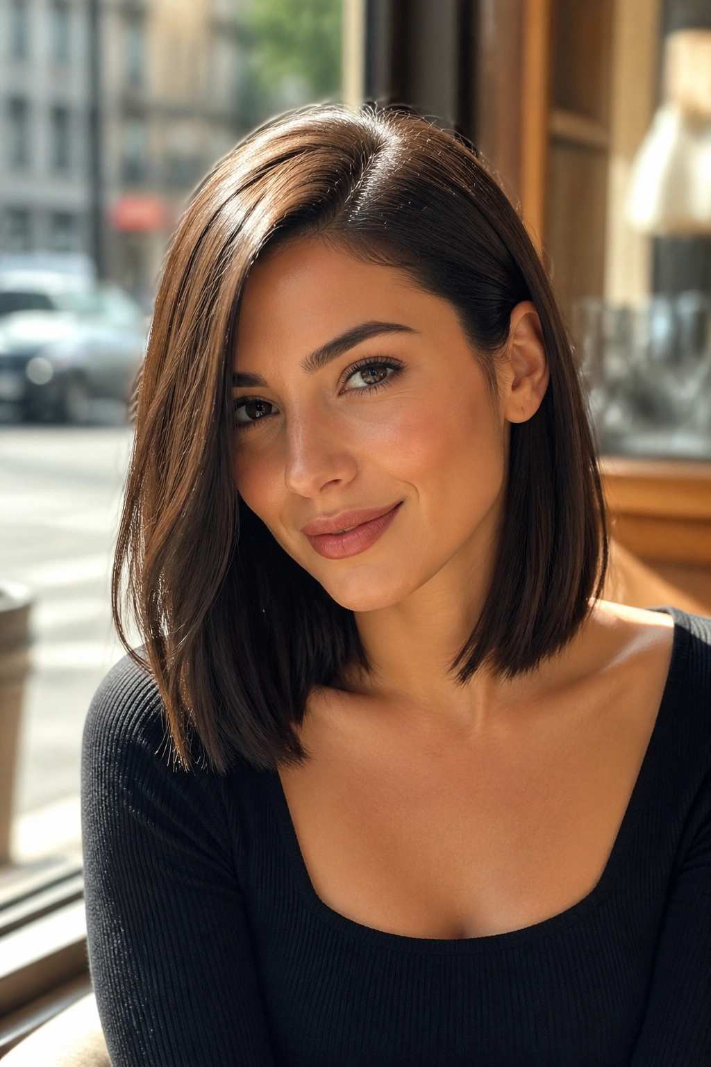 Medium-close portrait of a woman with a collarbone-length lob and deep side part.