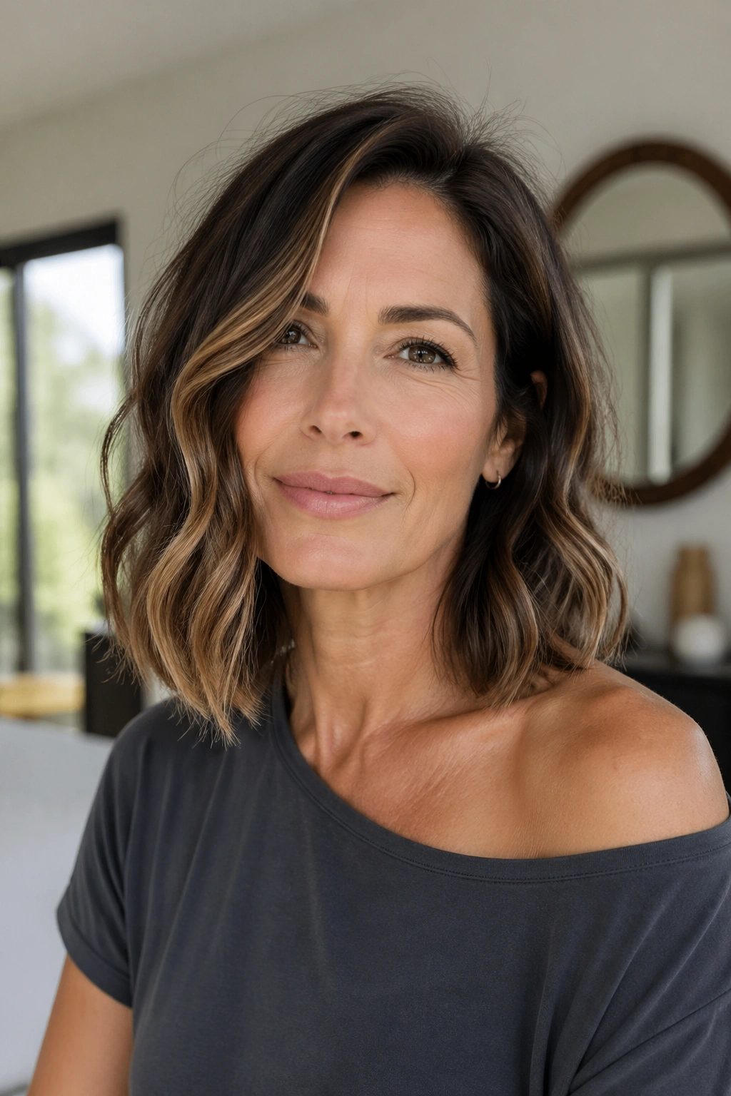 Close-up portrait of a real woman with a collarbone-length lob and soft waves.