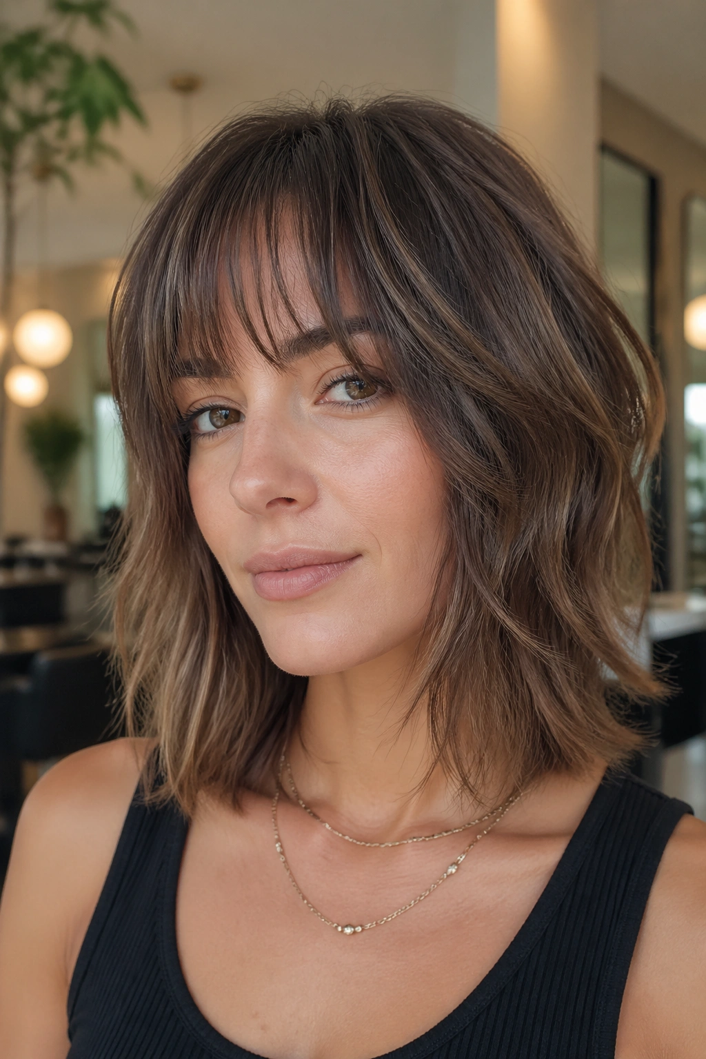 Close-up portrait of a real woman with collarbone mini shag and face-framing bangs in natural window light