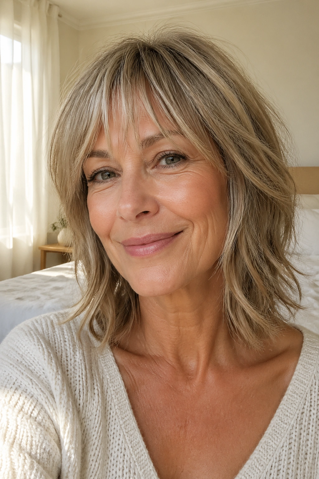 Close-up of a woman with collarbone-length shag and wispy fringe in soft sunlight