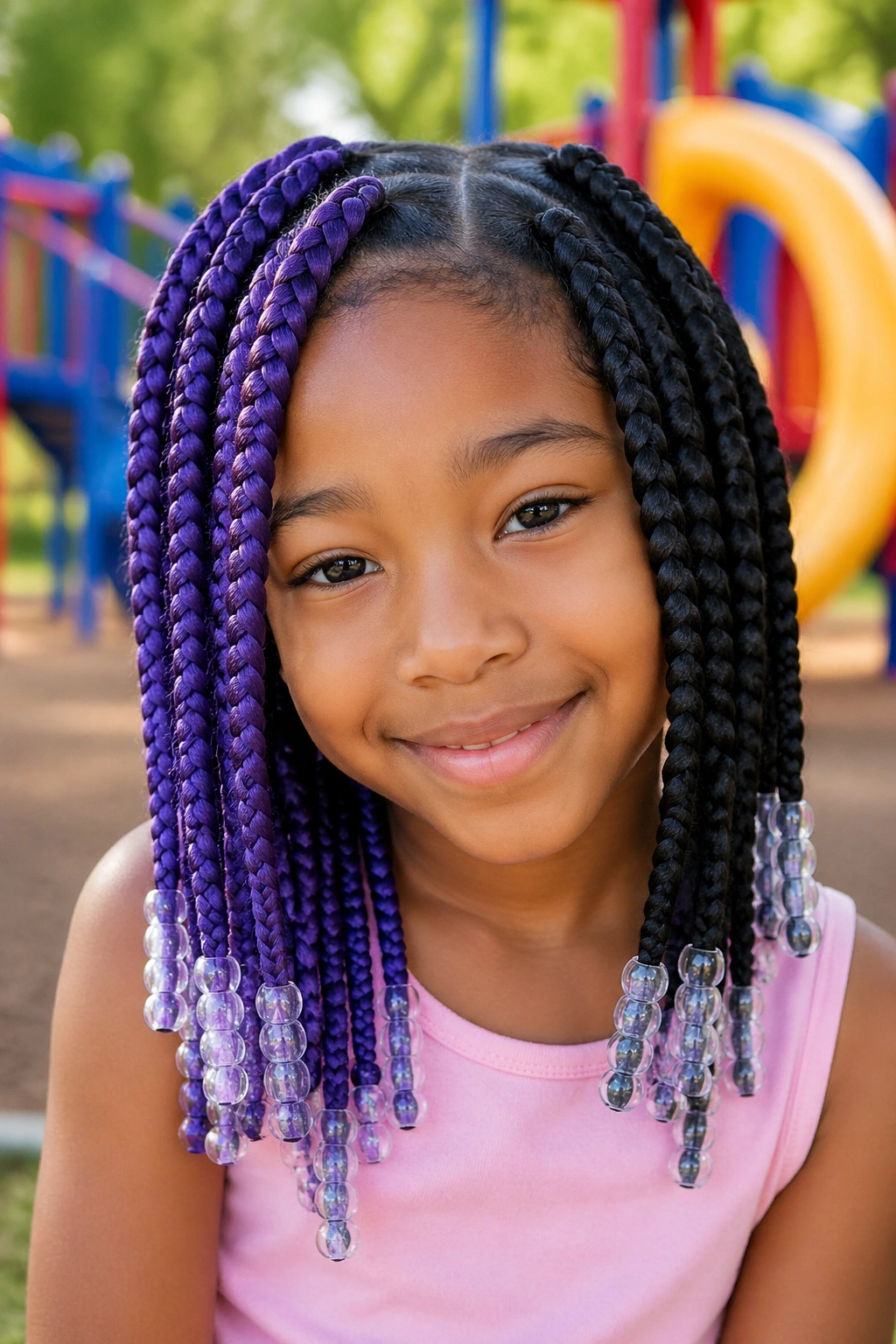 Close-up of a real child with color-block jumbo box braids and translucent beads outdoors