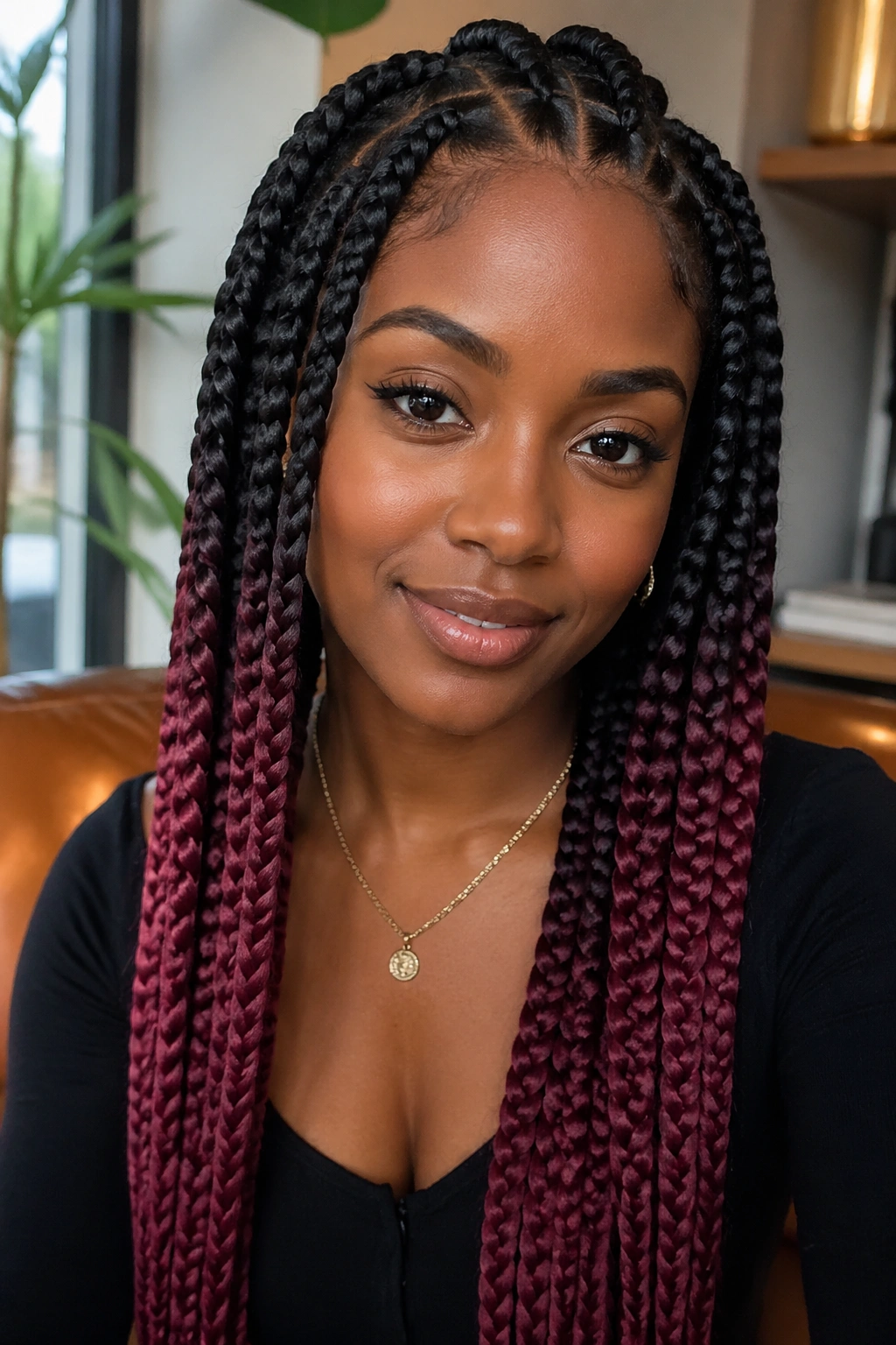 Close-up of a real woman with two-tone color-block jumbo feed-in braids