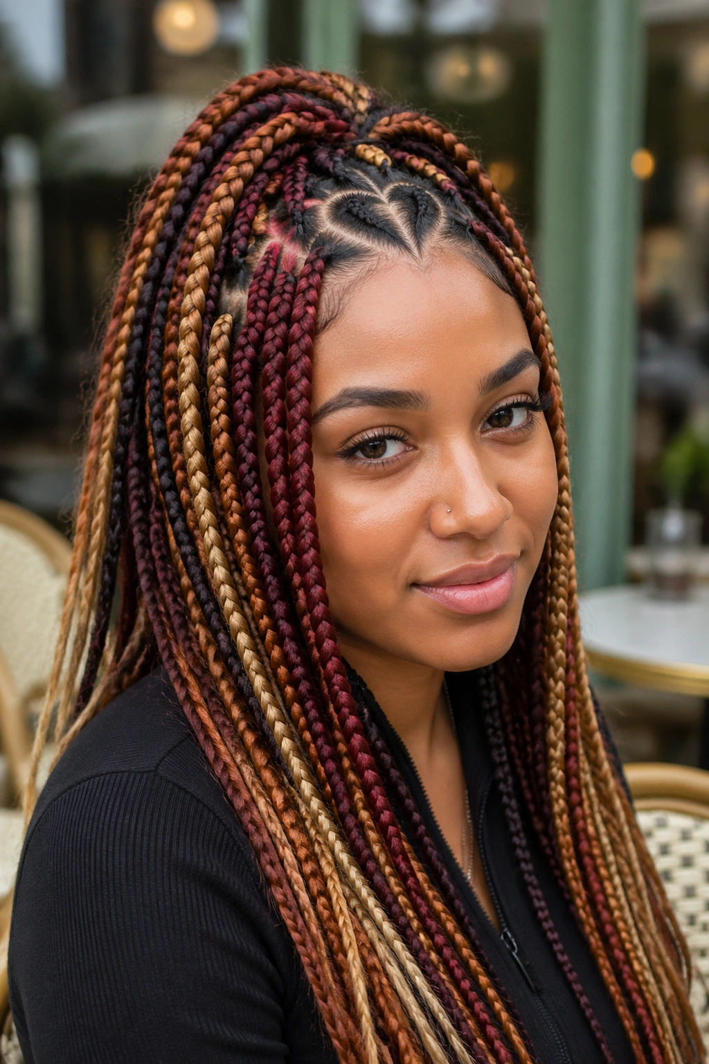 Close-up of color-block braids with a heart part that pops on a real woman