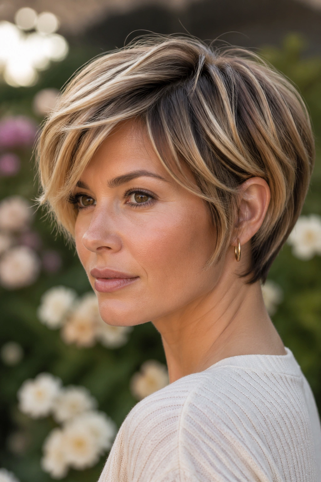 Portrait of a woman with color-forward layered bixie hairstyle