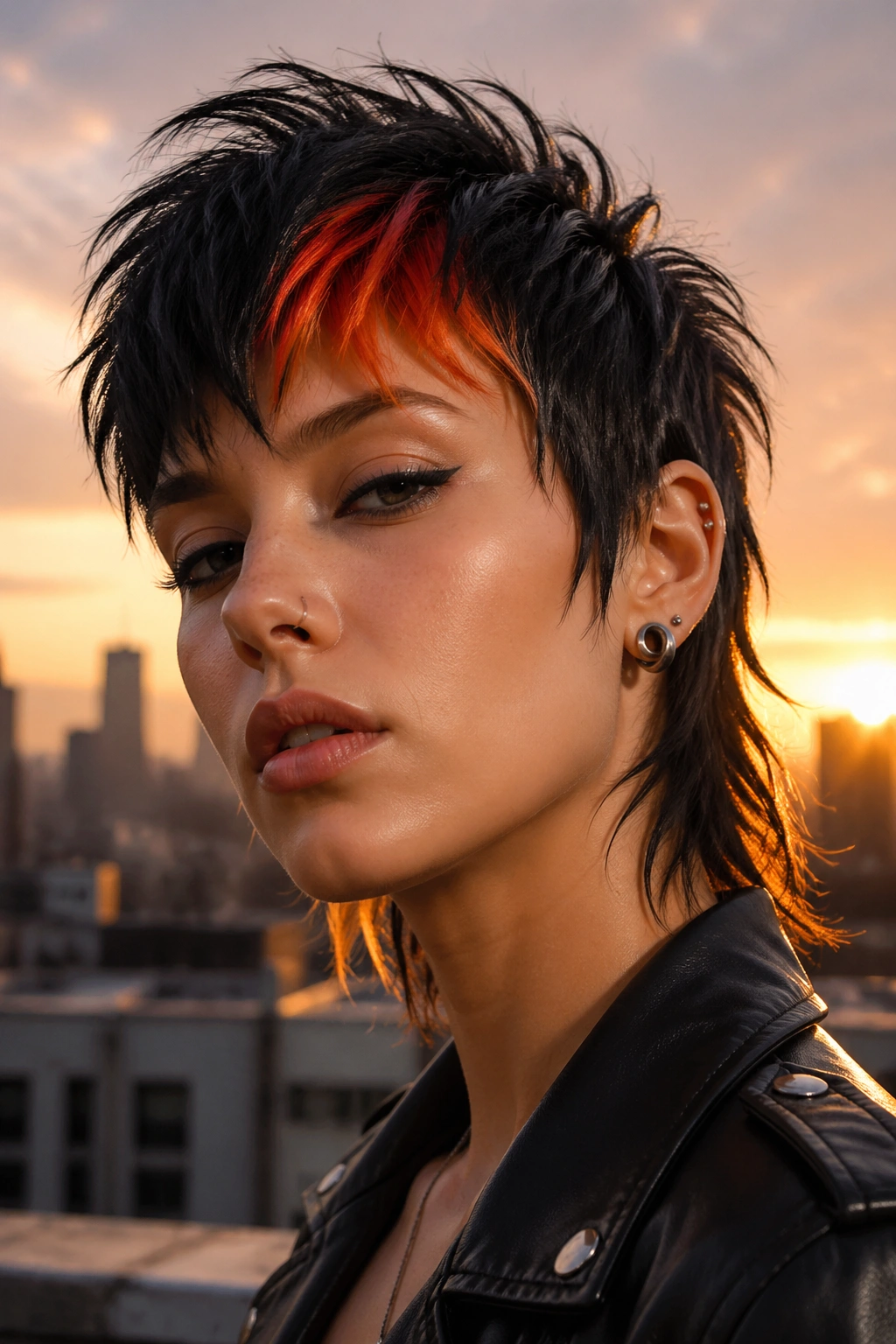 Real person with pixie mullet featuring a bold color streak in the fringe.